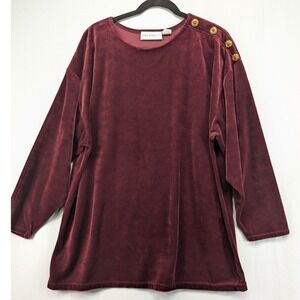 Prophecy Burgundy Velvet Long Sleeve Top Button Shoulder Detail‎ Size Small